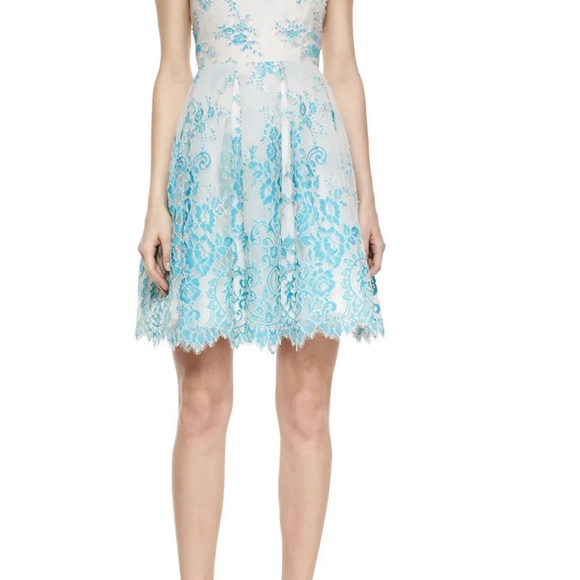 Alice Olivia Fila Lace Dress embroidered tulle Flare -Turquoise Size 8 - Picture 2 of 8